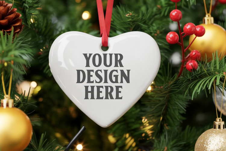 Romantic Christmas Ceramic Heart Ornament Mockup | Holiday