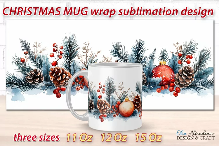 Christmas Mug Wrap Sublimation Template| Mug PNG Watercolor