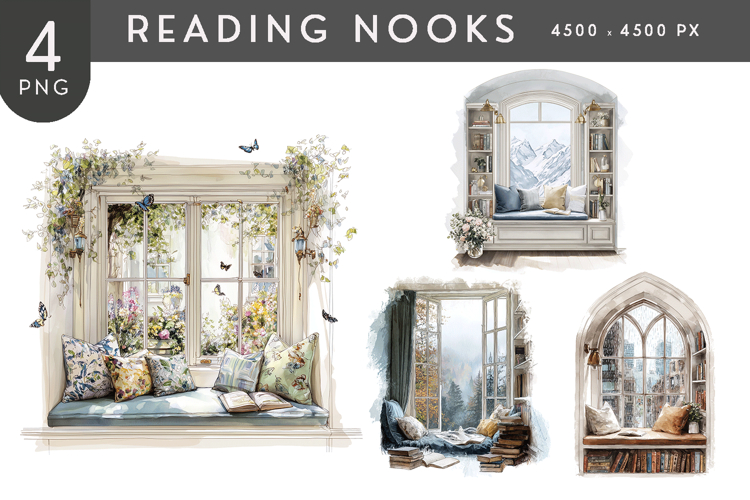 Watercolor Window Seat Reading Nook Clipart