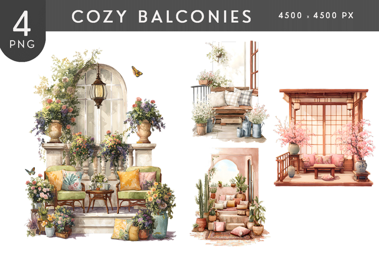 Cozy Balcony Garden Illustration PNG Set