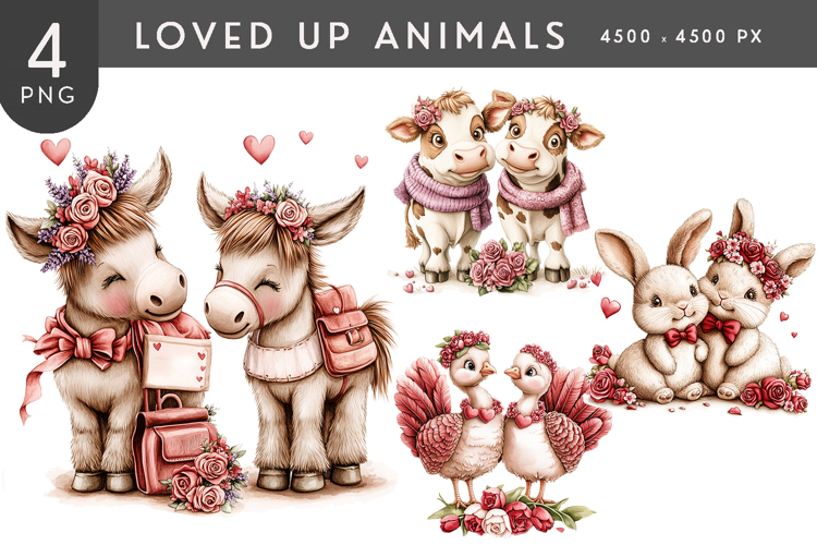 Loved Up Animals Watercolor PNG