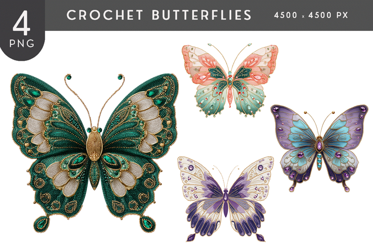 Crochet Butterfly PNG Illustration Set