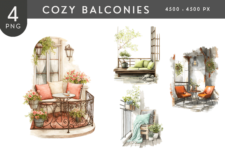 Cozy Balcony Nook PNG Illustration Set