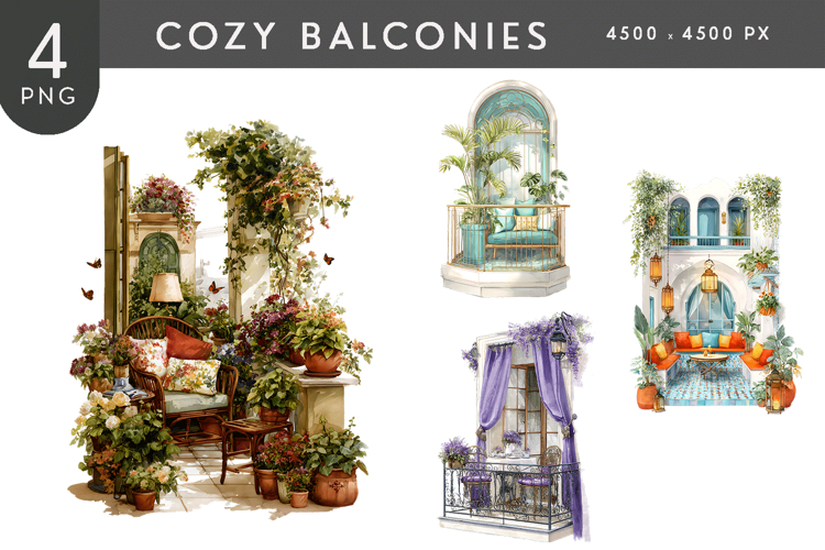 Cozy Balcony Illustration PNG Set