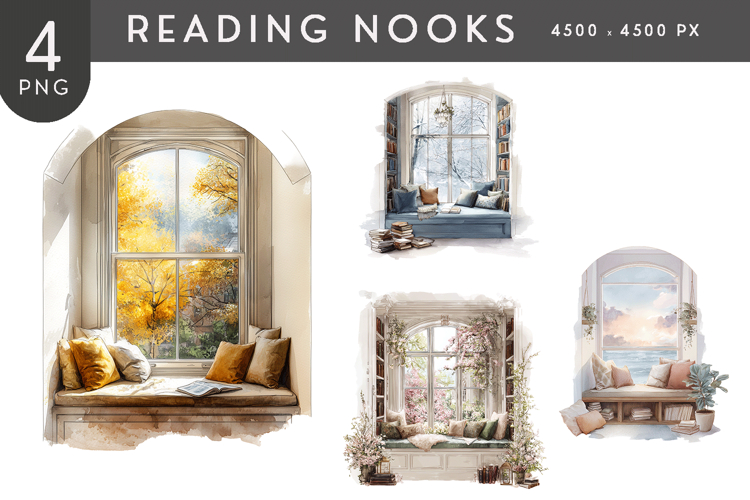 Cozy Watercolor Reading Nook Clipart PNG