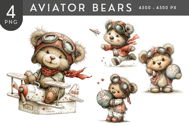 Aviator Bears Watercolor Clipart Set