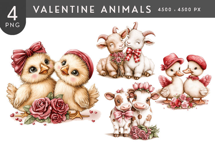 Valentine Animals Watercolor PNG