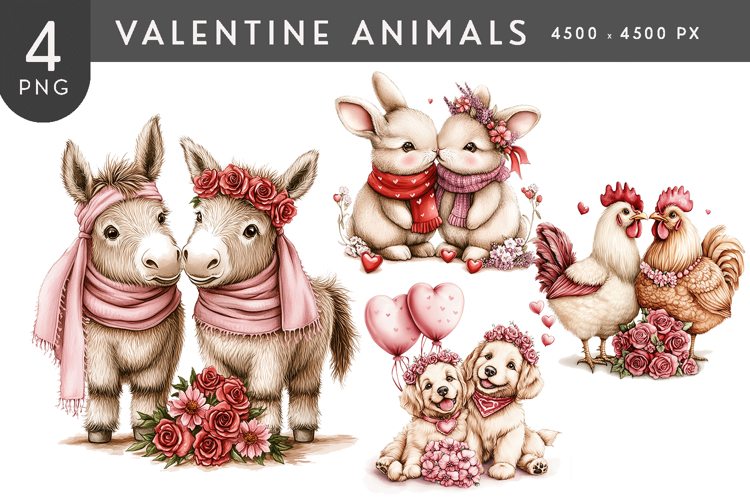 Valentine Animals Watercolor PNG