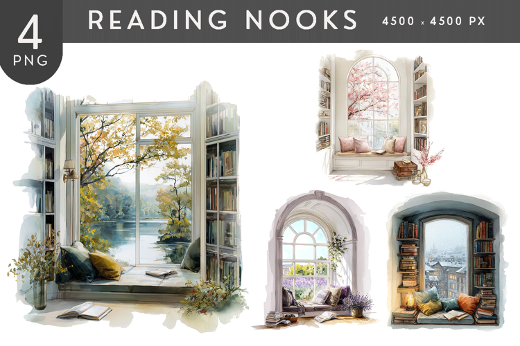 Scenic Watercolor Window Reading Nook PNG