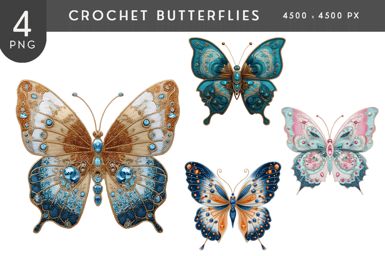 Jeweled Crochet Butterfly PNG Illustration Set