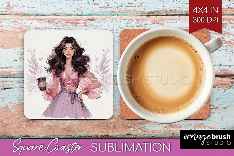 Coffee Girl Square Coaster - Coffee Lover Coaster PNG