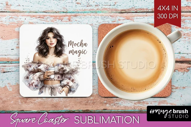 Coffee Girl Square Coaster - Coffee Lover Coaster PNG