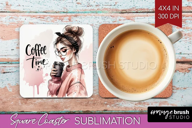 Coffee Girl Square Coaster - Coffee Lover Coaster PNG