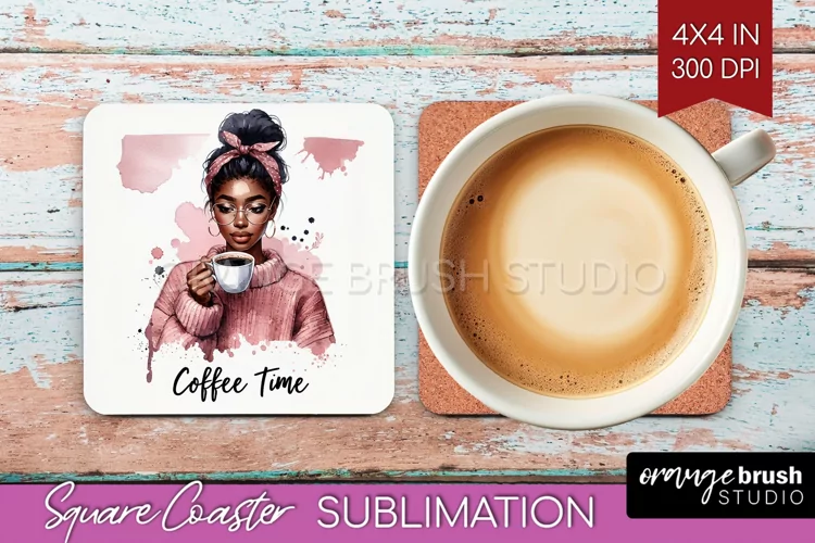 Coffee Girl Square Coaster - Coffee Lover Coaster PNG