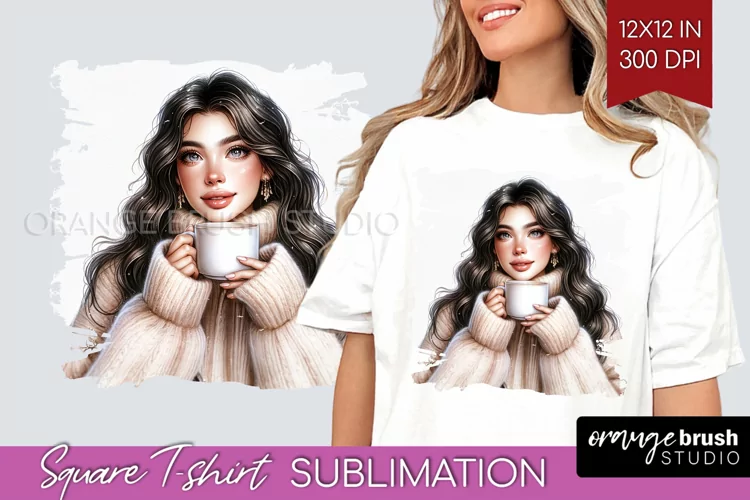 Coffee Girl Square Tshirt Background - Coffee Lover PNG