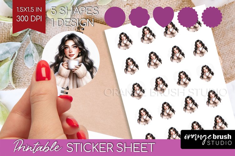 Coffee Girl Round Sticker - Coffee Lover Printable Sticker example image 1