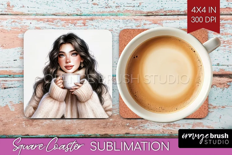 Coffee Girl Square Coaster - Coffee Lover Coaster PNG