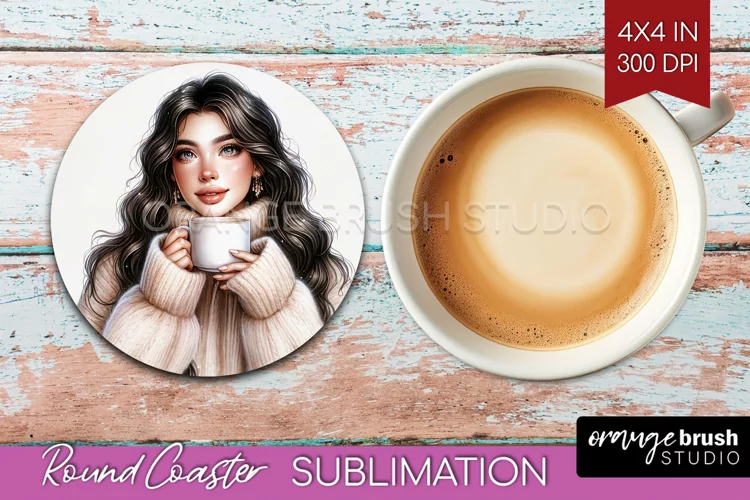 Coffee Girl Round Coaster - Coffee Lover Coaster PNG