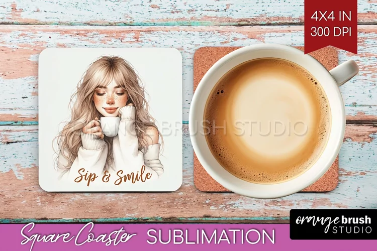 Coffee Girl Square Coaster - Coffee Lover Coaster PNG