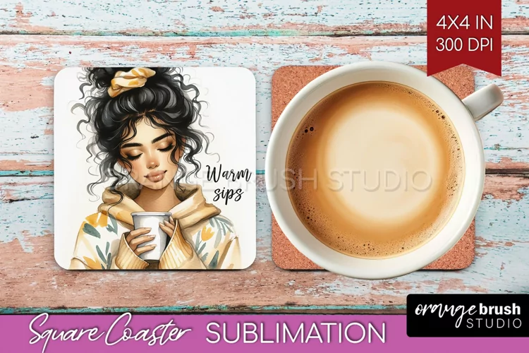 Coffee Girl Square Coaster - Coffee Lover Coaster PNG