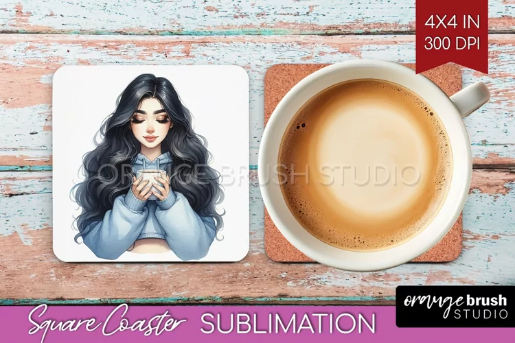 Coffee Girl Square Coaster - Coffee Lover Coaster PNG