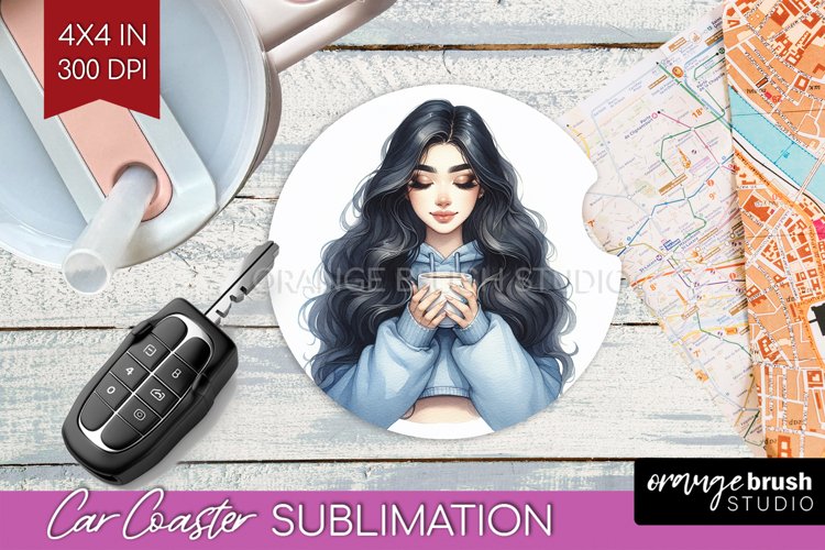 Coffee Girl Car Coaster - Coffee Lover Coaster PNG