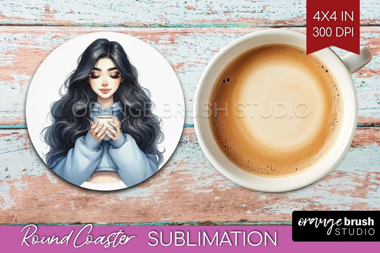 Coffee Girl Round Coaster - Coffee Lover Coaster PNG