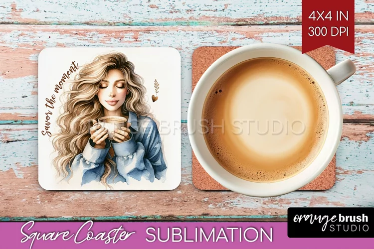Coffee Girl Square Coaster - Coffee Lover Coaster PNG