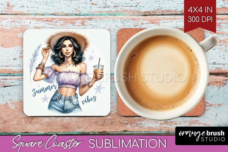 Coffee Girl Square Coaster - Coffee Lover Coaster PNG