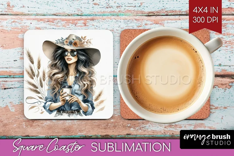 Coffee Girl Square Coaster - Coffee Lover Coaster PNG