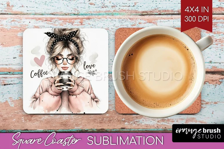Coffee Girl Square Coaster - Coffee Lover Coaster PNG