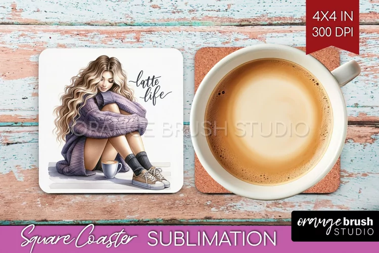 Coffee Girl Square Coaster - Coffee Lover Coaster PNG