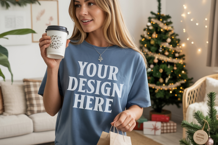 Comfort Colors 1717 Blue Jean Christmas T-Shirt Mockup, Boho