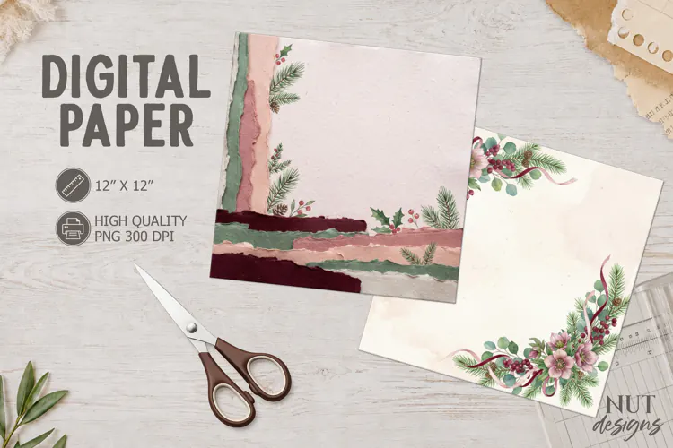 Christmas Floral Torn Paper Backgrounds blush, burgundy