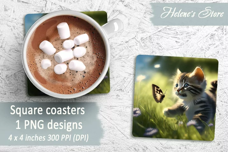 Cat Square Coasters | Summer Cat Sublimation Coaster|PNG