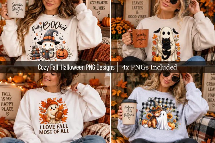 4x Cozy Fall & Halloween PNG Designs