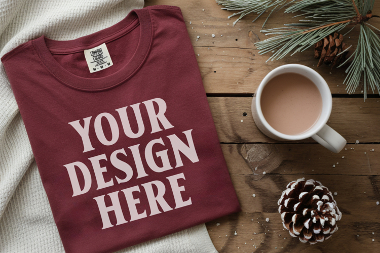 Crimson Comfort Colors 1717 Christmas Folded T-Shirt Mockup