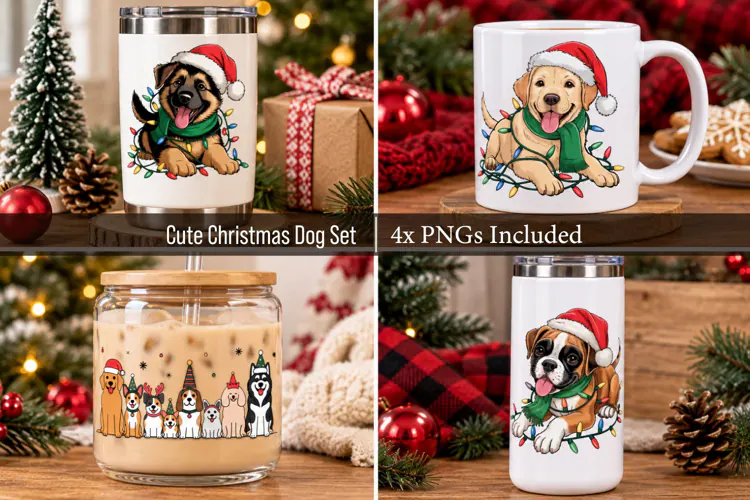 4x Cute Christmas Dogs PNG Designs