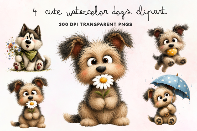 Cute Watercolor Dogs Clipart PNG