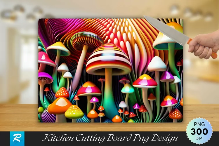 3D Mushrooms Cutting Board Sublimation Design