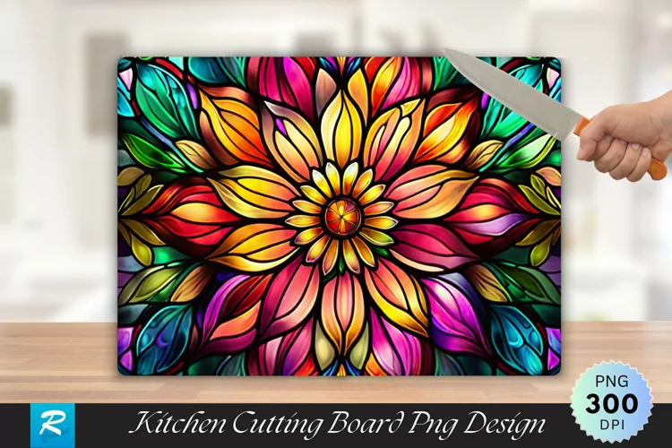 Colorful Stained Glass Flowers Cutting Board PNG Design