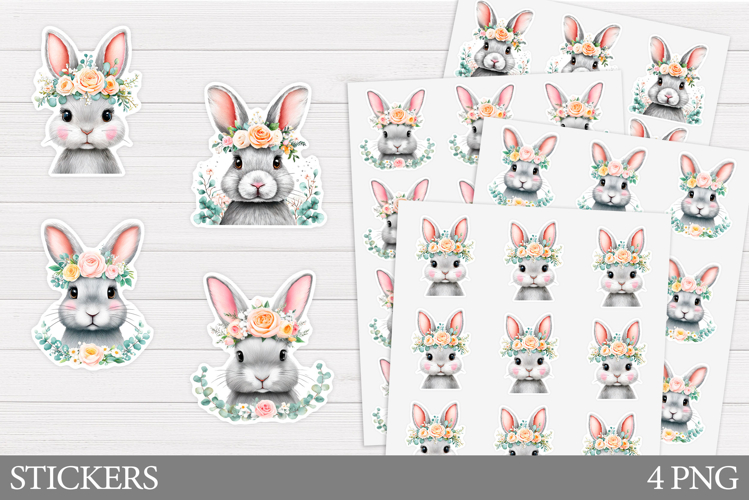 Cute Bunny Sticker Design. Bunny Flowers Sticker Printable