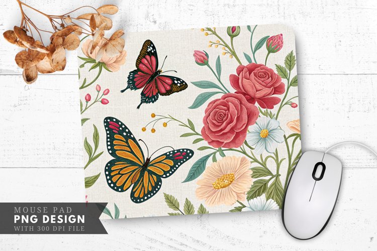 Butterfly Blossoms Embroidery Mouse Pad PNG Design