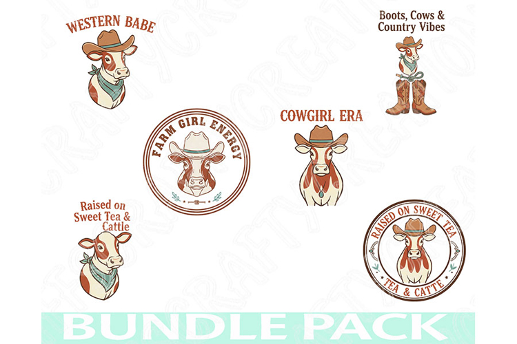 Western Cowgirl Png Bundle, Boots Cows Country Vibes Designs
