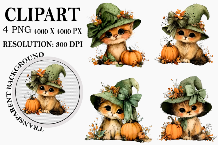 Whimsical Halloween Cat Clipart Watercolor PNG