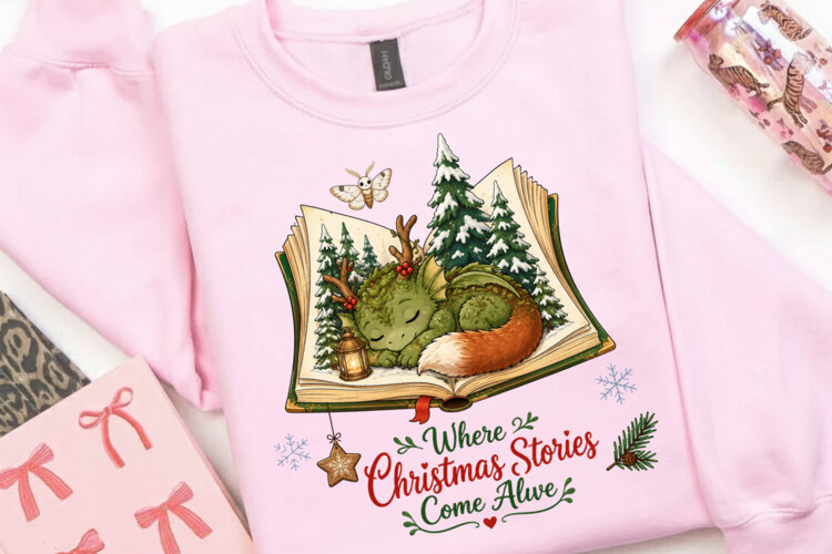 Sleeping Moss Dragon Christmas PNG, Fantasy Holiday Book example image 1