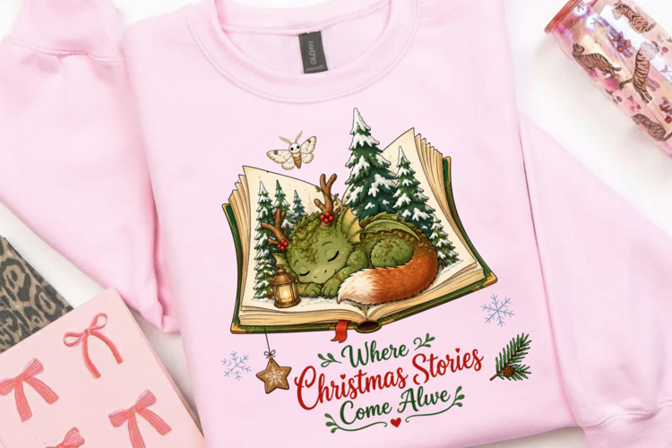 Sleeping Moss Dragon Christmas PNG, Fantasy Holiday Book