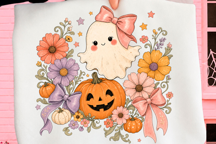 Cute Floral Ghost Pumpkin Halloween PNG