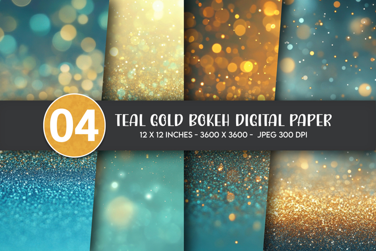 Teal Gold Bokeh Digital Paper