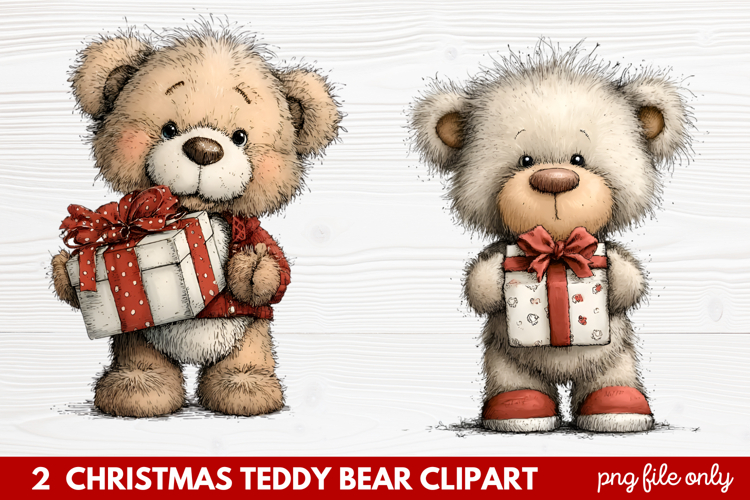 2 Christmas Teddy Bear Clipart | Cute Holiday Bear PNG Illus